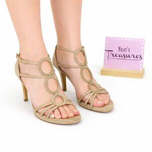 Lola Cruz Beige Rhinestone Accent Wood Stacked High Heel Sandals Sz 7.5 EU 38